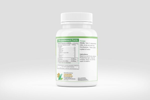 moringa + ginseng + ashwagandha 400mg bottle back image